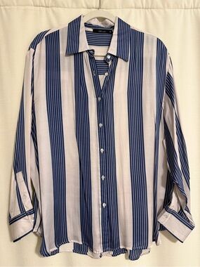 Deluc Blue and White Vertical Stripe Button-Down Shirt
